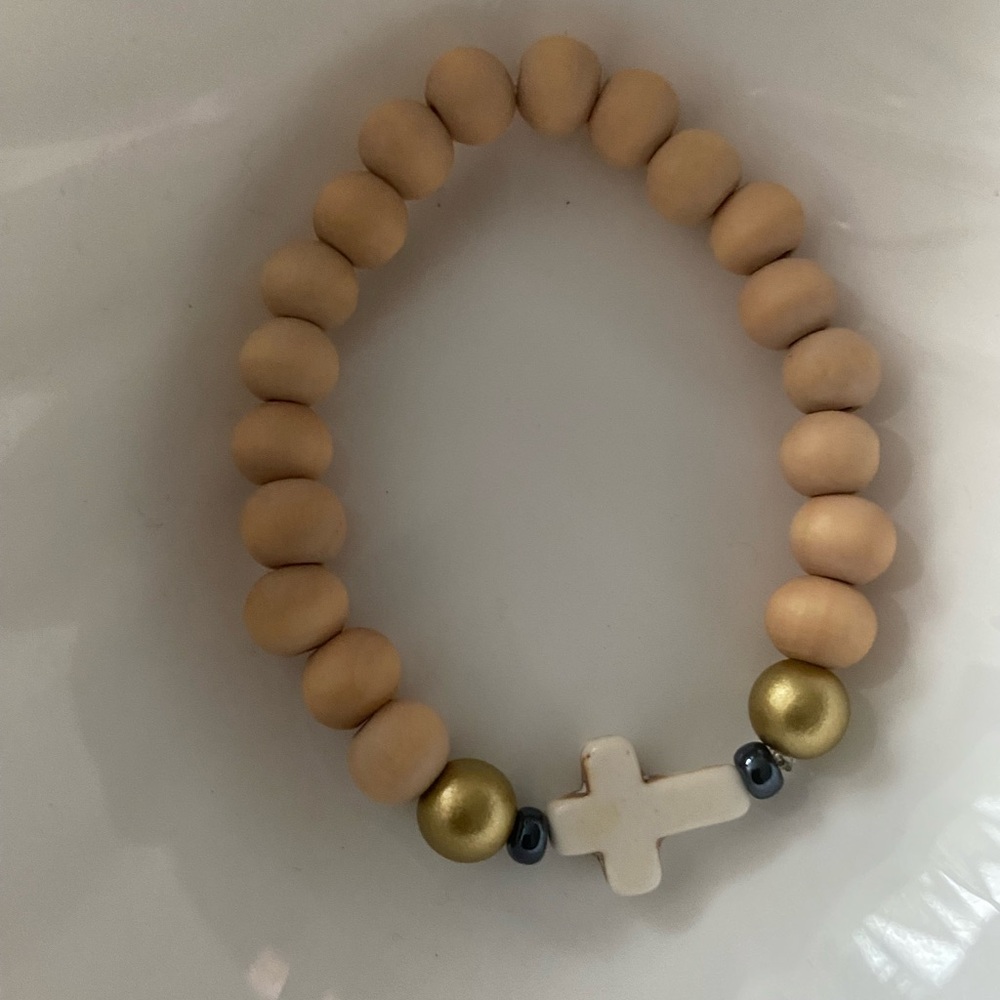 Beaded Bracelet with Cross Charm - Tan and Gold Unisex SET OF TWO
